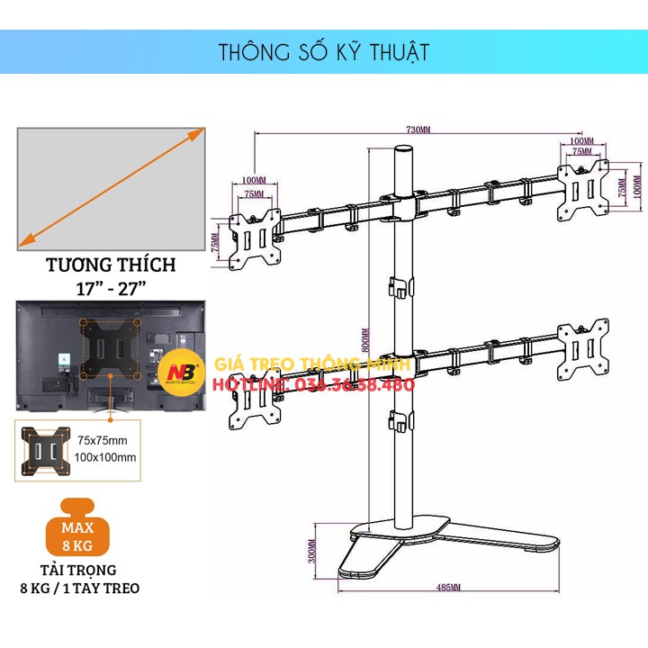 Giá Treo 4 Màn Hình Máy Tính 17 - 27 Inch Chân Đặt Bàn - Model: M044 - Tay Đỡ Bốn Màn Hình Xoay 360 Độ