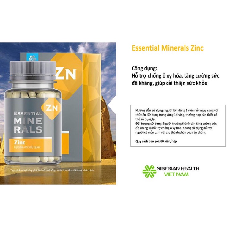 Essential Minerals Zinc - Siberian Wellness - Hỗ trợ chống ô xy hóa, tăng cường sức đề kháng - Hộp 60 viên