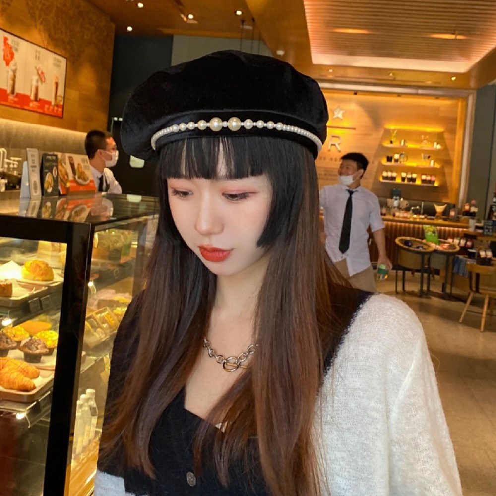 Mũ nồi vải nhung đính ngọc trai giả thời trang Hàn Quốc dành cho nữ