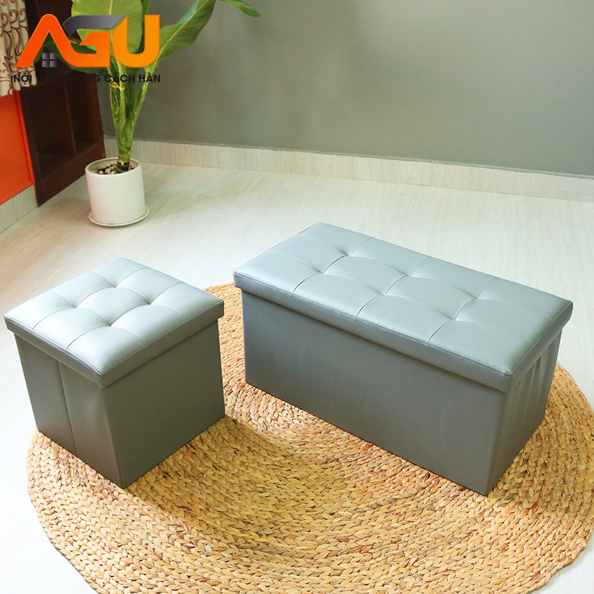 GHẾ ĐỰNG ĐỒ DA PU AGU (SOFA HỘP) ĐA NĂNG - SIZE L VUÔNG - MÀU XÁM - THÔNG MINH TIỆN LỢI - NỘI THẤT KIỂU HÀN