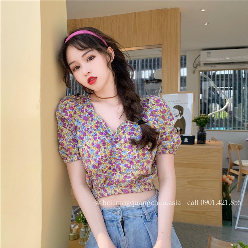 Áo Croptop, áo sơ mi hoa nhí Mã QC70-Hàng quảng châu