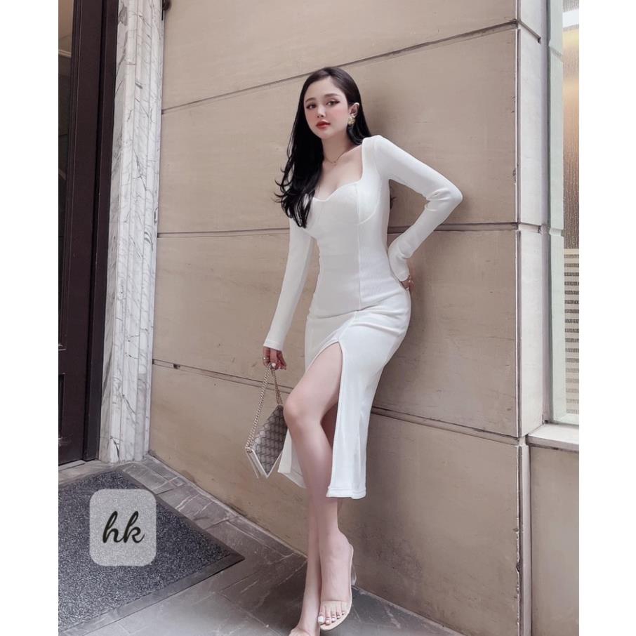 ঔৣ Váy len tăm body dáng dài xẻ tà cổ vuông dài tay quyến rũ ঔৣ