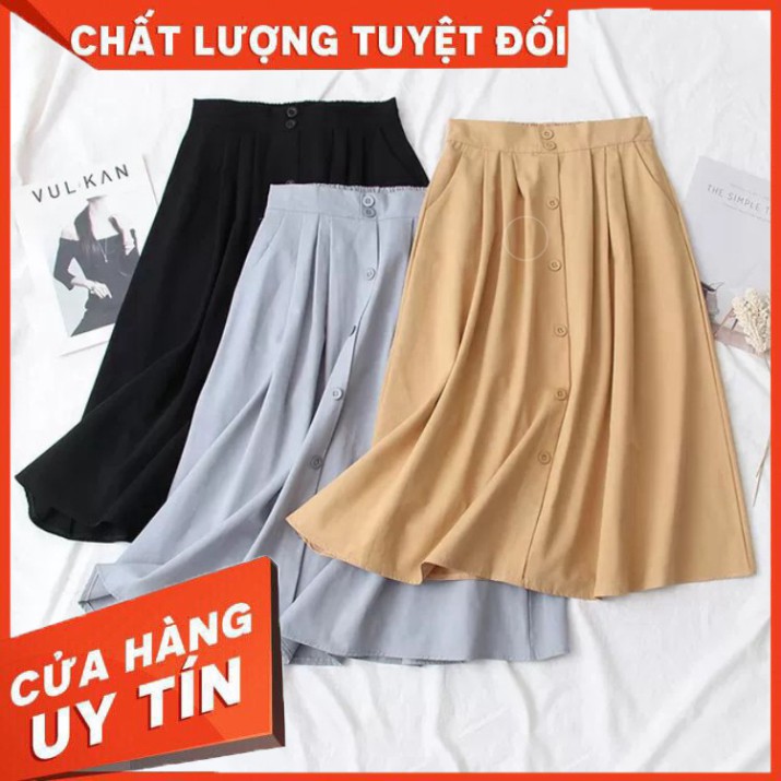 Chân Váy Midi Nữ Phía Sau Lưng Chun Phối Hàng Cúc Giữa /Hình Thật