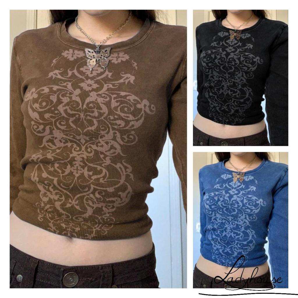 Áo Thun Tay Dài Cổ Tròn In Họa Tiết Vintage Dành Cho Nữ