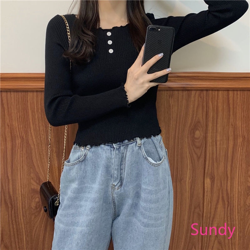 Áo sweater tay dài cổ tròn phong cách thời trang hàn quốc