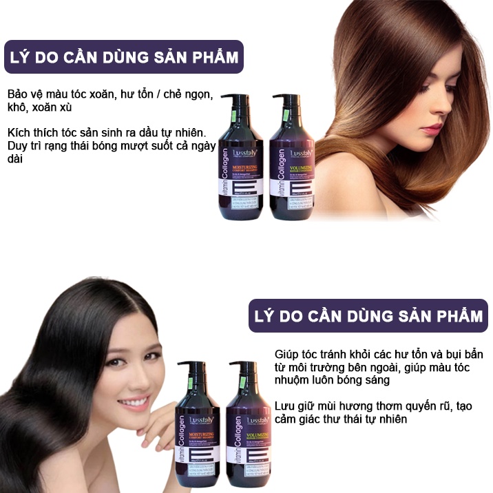 Bộ Dầu Gội + Dầu Xả LUSSTALY COLLAGEN Vitamin E 800ML - Dầu Gội Kích Thích Mọc Tóc Lamyra