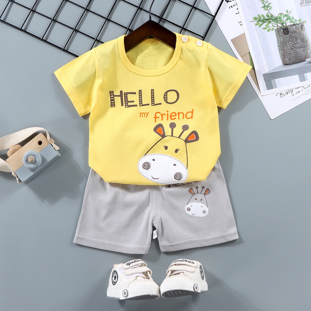 Bộ Áo Thun Cotton Tay Ngắn Và Quần Ngắn Mùa Hè Dành Cho Bé Trai 2174