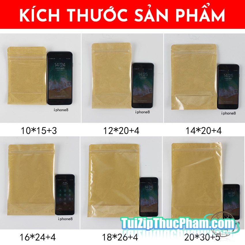 100 cái túi zipper size 09x14cm túi zip giấy kraft vàng 1 mặt trong suốt, túi zipper chất lượng cao, mẫu 04