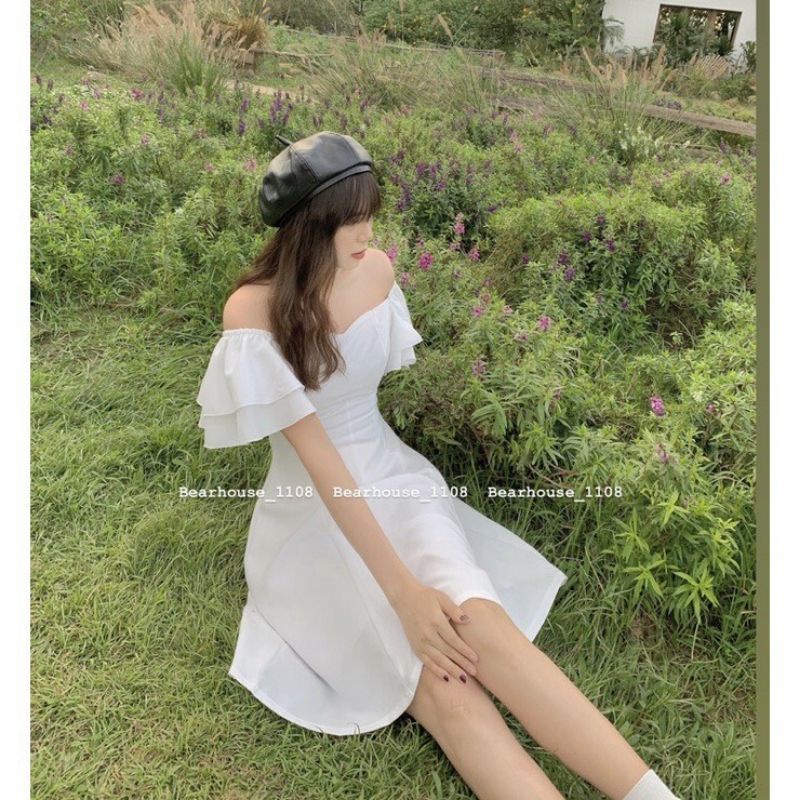 Váy trắng trễ vai tay bồng dáng xoè Có Khoá Lưng MaxiHàng 2 lớp đầm Vintage cánh tiên tiểu thư Rớt vai