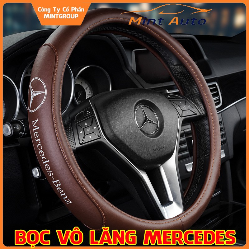 Bọc vô lăng ô tô logo hãng xe Mercedes-Benz bằng da thật mềm mịn, êm tay bám lái cao cấp sang trọng size M-38cm