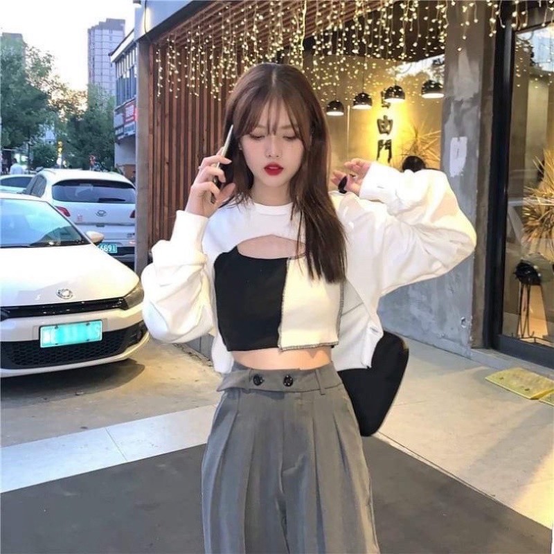 Set Áo Thun 2 Món Croptop Dài Tay Cutout + Áo 3 Lỗ Phối Màu Đen Trắng Mặc Đươc 2 Kiểu Chất Zip Cotton Dầy Mịn Co Giãn