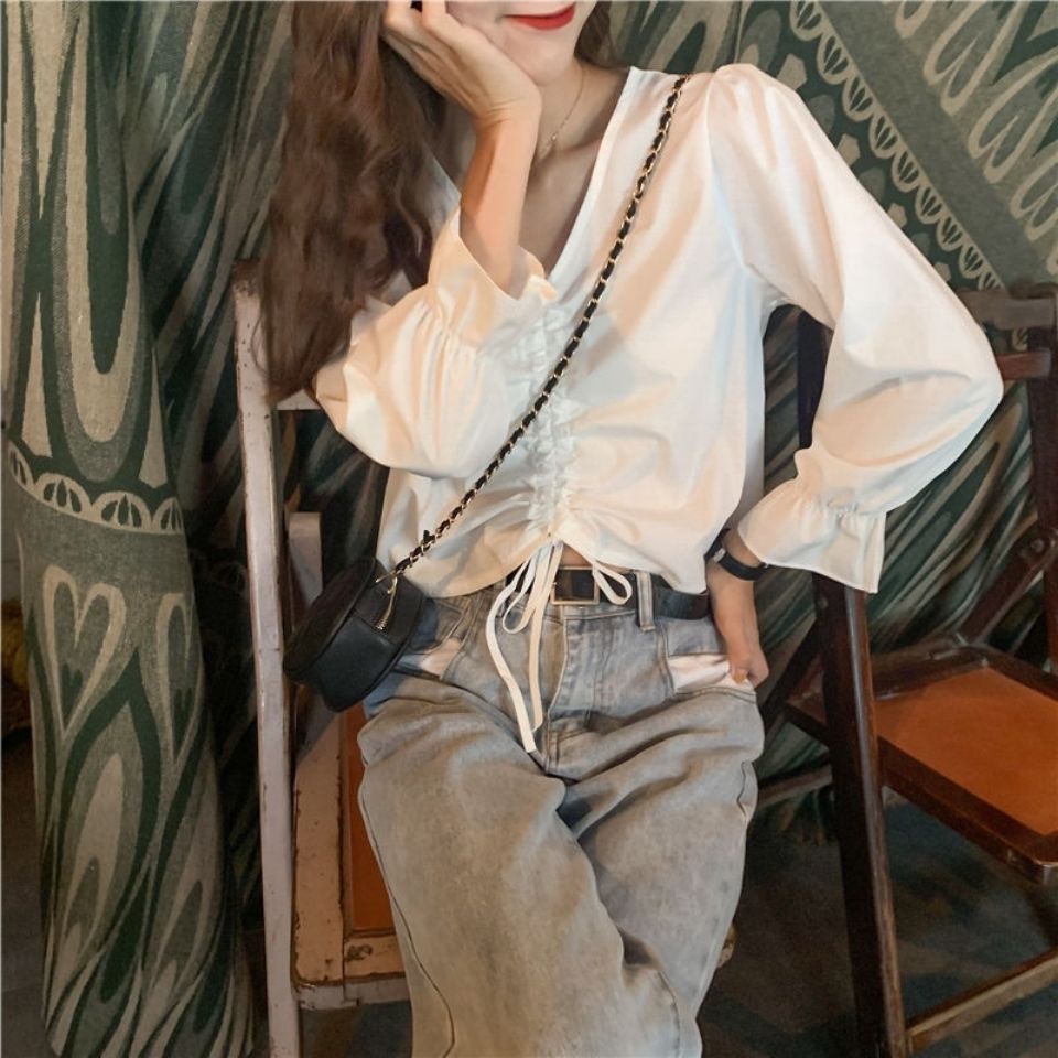 Áo thun tay dài phồng cổ chữ v phối dây rút thời trang cho nữ