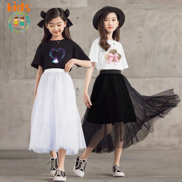 Bộ Áo Thun Cotton + Chân Váy Lưới Thời Trang Mùa Hè 2022 Cho Bé 3-5-8-10-12-13-15 Tuổi
