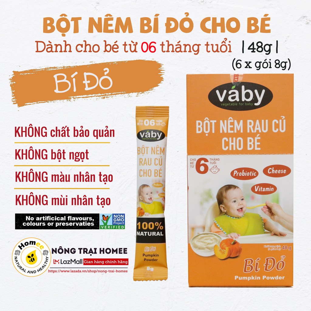 Bột nêm Bí Đỏ &amp; Phô Mai dành cho bé ăn dặm VABY Hộp 48g (6 x gói 8g) - Gia vị nêm và rắc dành cho bé từ 6 tháng