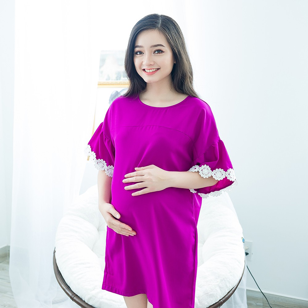 Đầm bầu suông phối tay ren hoa tím Emum