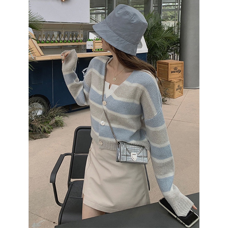 Áo cardigan Dệt Kim Kẻ Sọc Tay Dài Phong Cách Hàn Quốc Thời Trang Mùa Hè Cho Nữ