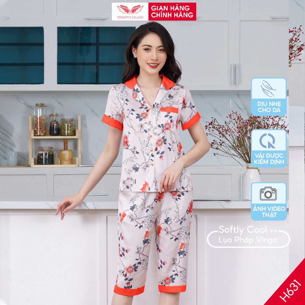 Đồ bộ nữ pijama lụa Pháp mềm mát mặc nhà mùa Hè VINGO tay cộc quần lửng họa tiết hoa màu cam thanh lịch H631 VNGO