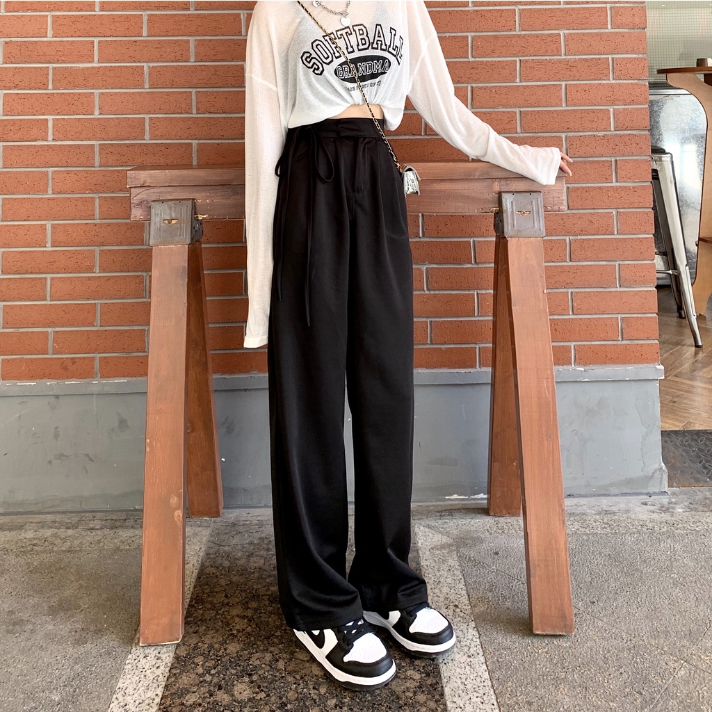 Ethelgirl Quần Dài Ống Rộng Lưng Cao Phong Cách Hàn Quốc Năng Động Thời Trang Cho Nữ