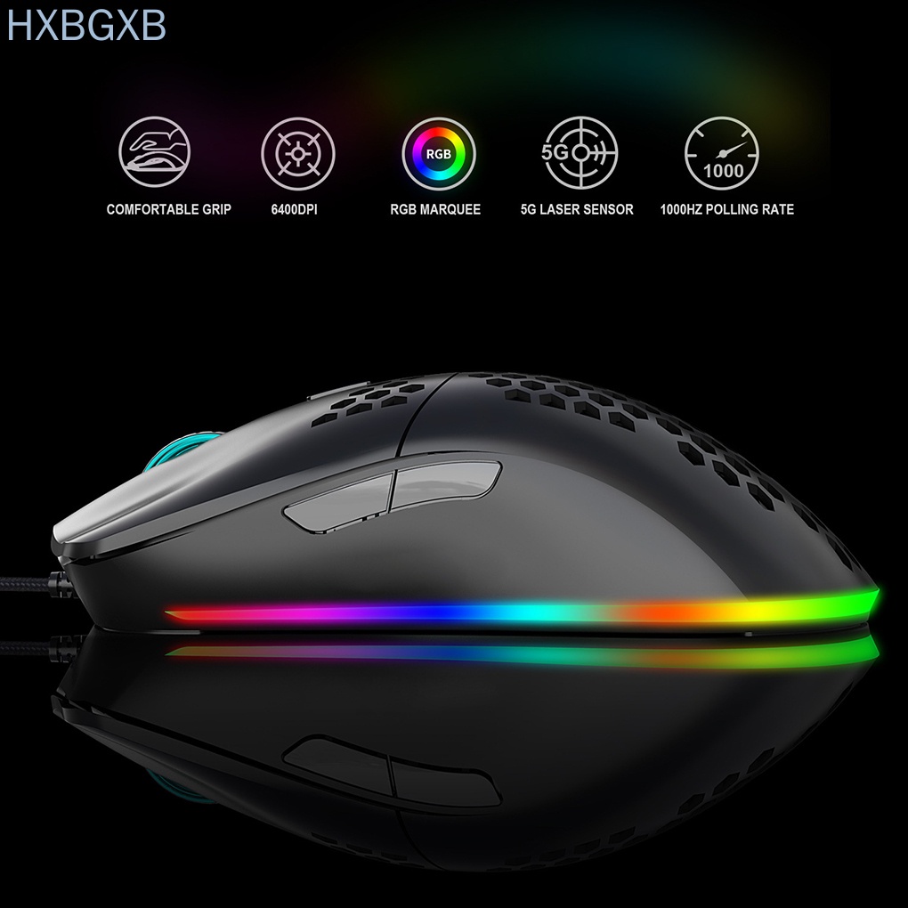 HXBG Gaming Mouse USB Wired 6400DPI Honeycomb LED Backlight Computer Mouse Desktop Accessory, Black