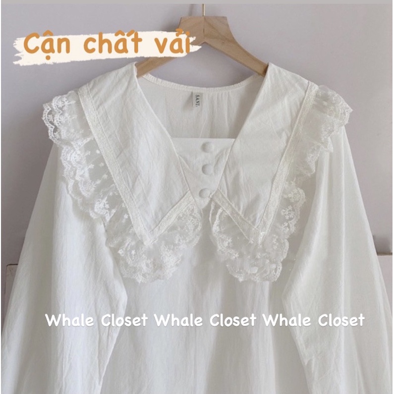 - Áo tiểu thư cúc bọc cổ bèo phối ren tay dài màu trắng và be siêu vintage