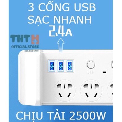 Ổ cắm điện đa năng BOBOCI tích hợp SẠC KHÔNG DÂY - 3 USB -  3 ổ Điện tải 2500W Dây nối dài 1.8m và 2.8m - BH 1 ĐỔI 1.