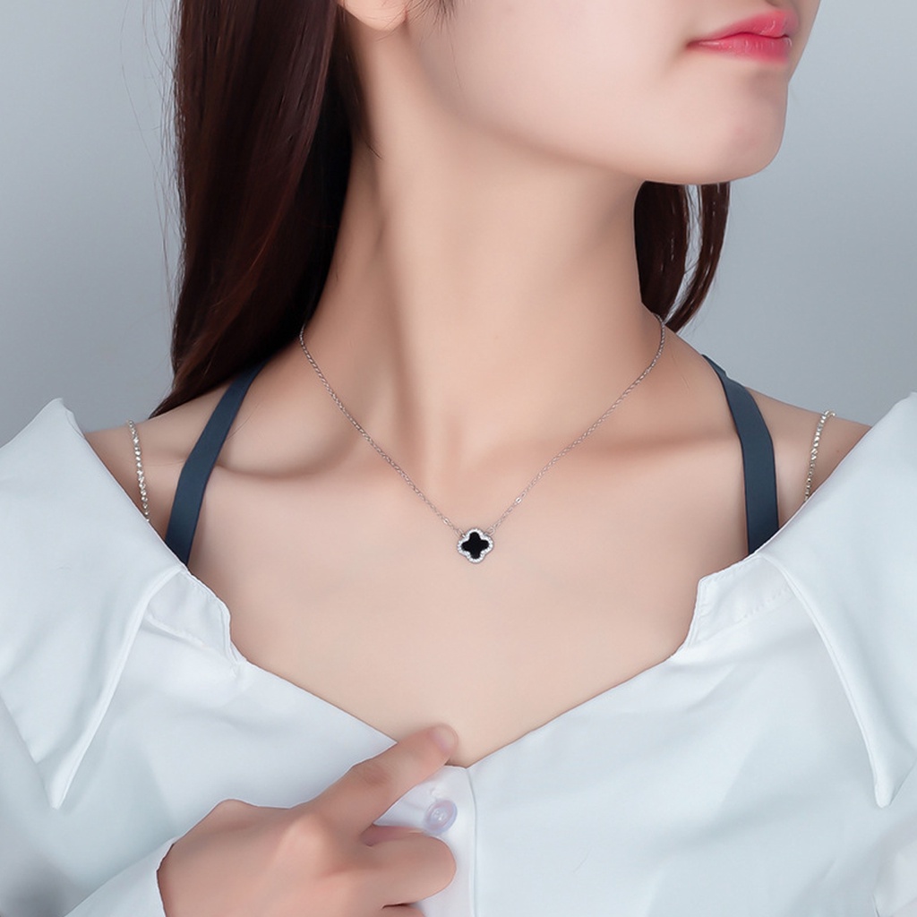 Dây chuyền bạc nữ PANSY kiểu dáng cỏ 4 lá đá đen xinh xắn - Vòng cổ bạc ta cao cấp