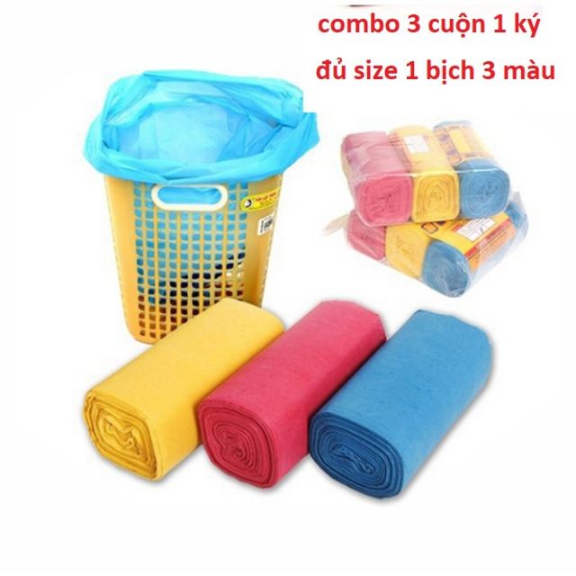 (ĐỦ SIZE) 3 Cuộn Túi đựng rác màu 1kg - Tự hủy, Thân thiện với môi trường