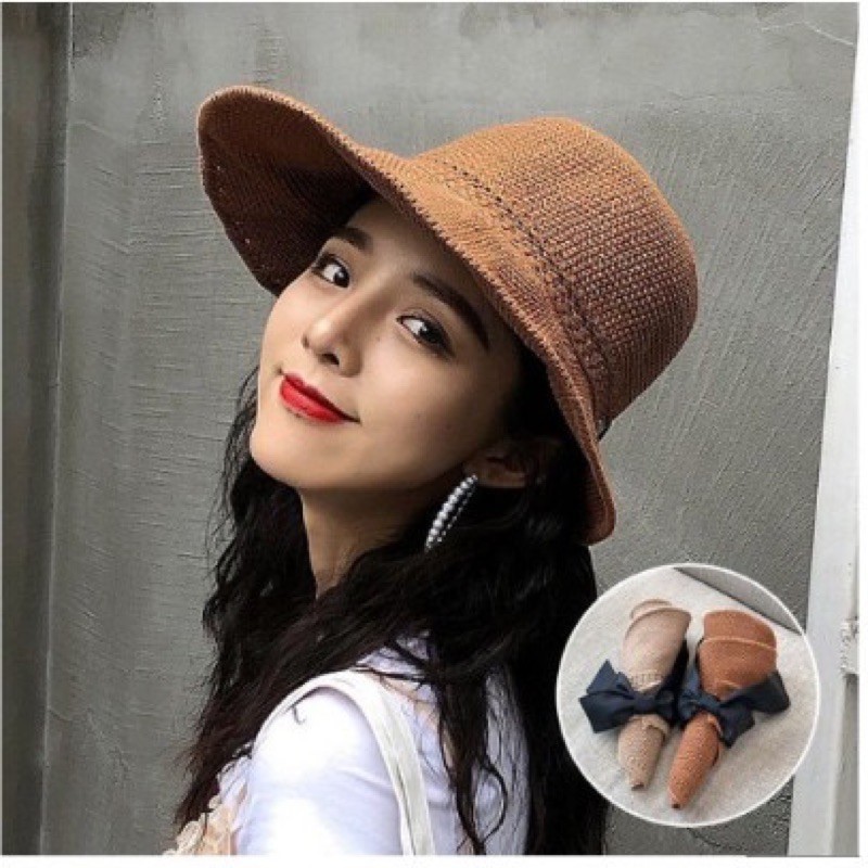 Mũ, nón cói nửa đầu đi biển vành rộng chống nắng thắt nơ Hàn Quốc có thể cuộn lại