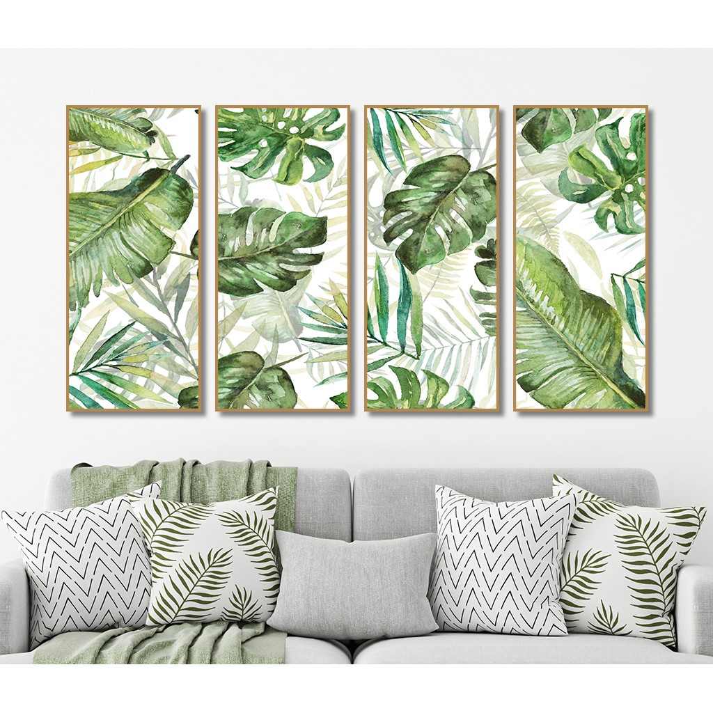 Bộ 4 tranh canvas treo tường lá cây nhiệt đới TTC20727 - 30 x 70 cm x 4 tranh