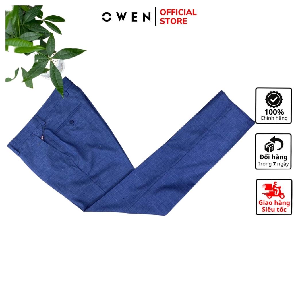 Quần âu tây nam công sở cao cấp OWEN QS23442 dáng slim fit ống ôm dài chân màu kẻ caro xanh đậm sợi tổng hợp mềm mát