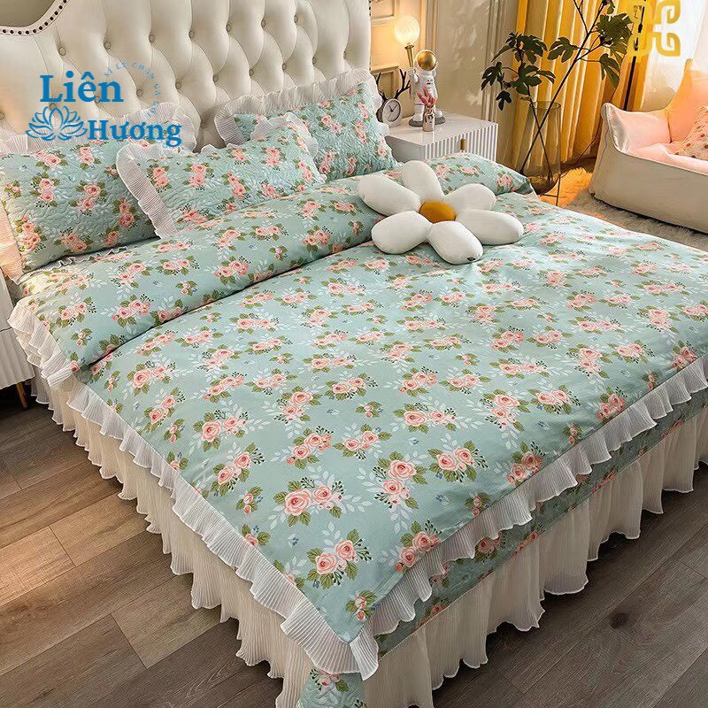 Bộ Ga Gối Cotton Trần Bông 3 Lớp Viền Bèo Dễ Thương - Ga Gối Cotton Oganic Phủ Viền Bèo Hàng Nhập Khẩu