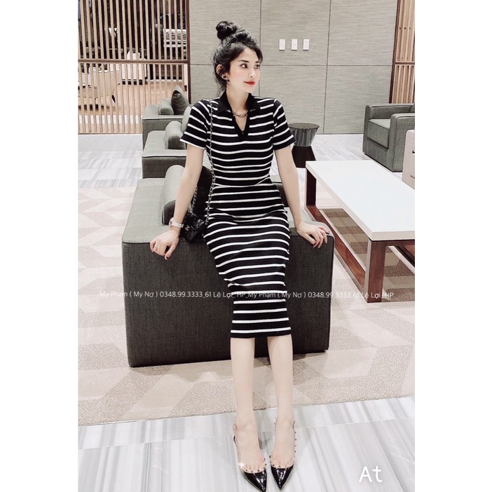 Váy Polo Nữ Body Dáng Dài Qua Gối, Váy Dáng Ôm 2 Màu Đen và kẻ Tôn Dáng Phong Cách Sang Chảnh