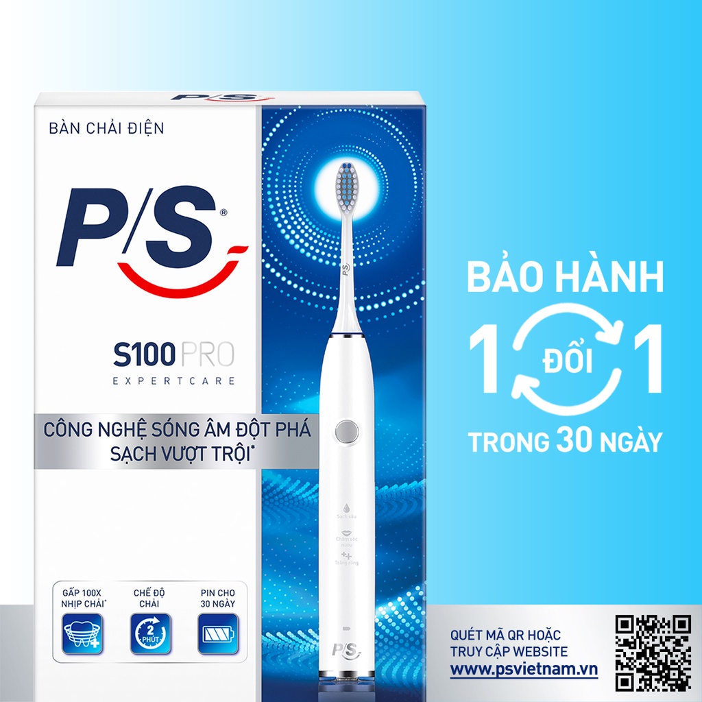 Bộ Bàn Chải Điện P/S S100 PRO màu trắng &amp; Bộ 2 đầu chải thay thế Sạch Sâu