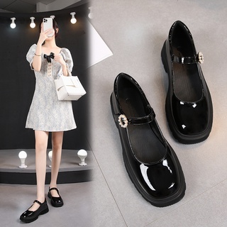 Giày lười da mũi vuông 4cm màu trơn phong cách Anh Quốc cho nữ