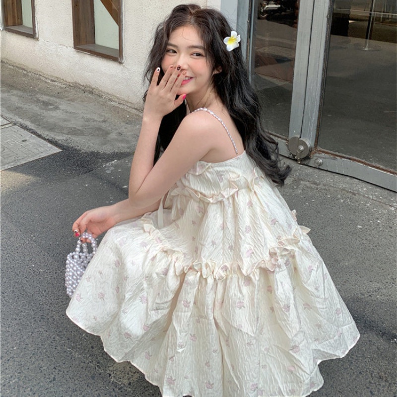Đầm Sát Nách In Hoa Đính Ngọc Trai Giả Dễ Thương Thời Trang Mùa Hè Cho Nữ