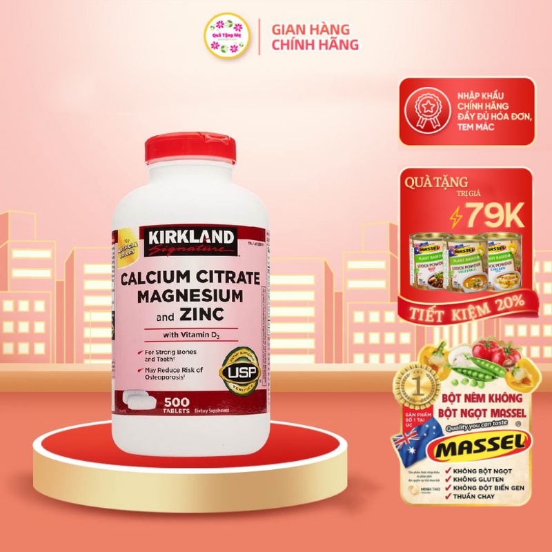 Viên uống bổ sung canxi, magie, zinc kirkland signature calcium citrate magnesium and zinc 500mg 500 viên Healthy Care