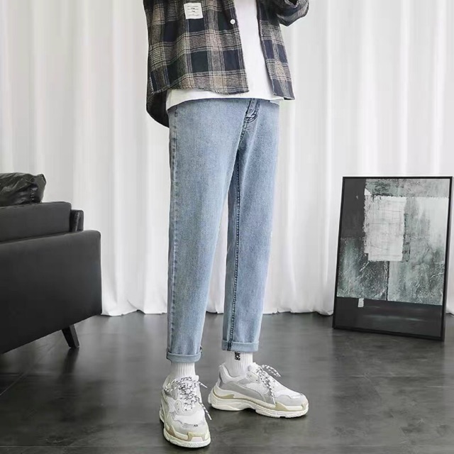 Quần bagyy jean trơn co giản xanh nhạt