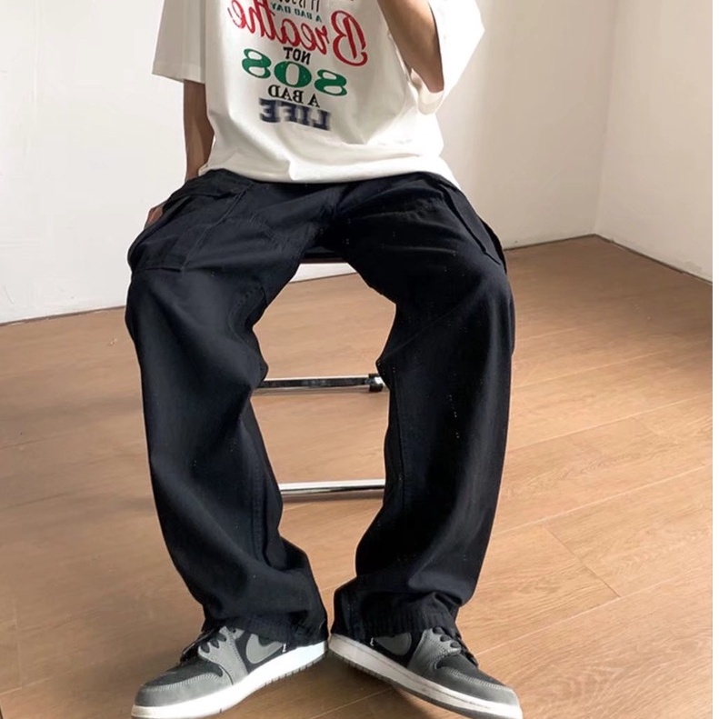 quần túi hộp nam unisex Quần ống rộng retro đen trắng quần baggy nam trẻ tuổi quần thể thao nam dài chất đũi cao cấp quần ống suông phong cách Hàn Quốc quần jogger