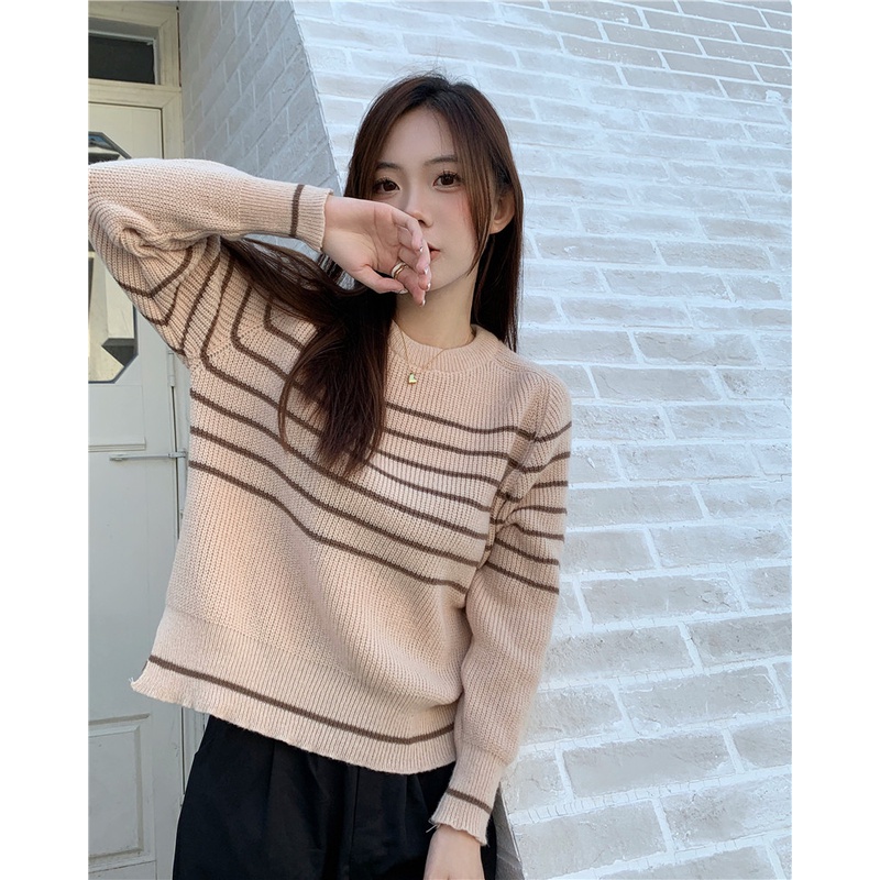 Porozi  Áo Sweater Dệt Kim Tay Dài Cổ Tròn Kẻ Sọc Kiểu Hàn Quốc Xinh Xắn Cho Nữ