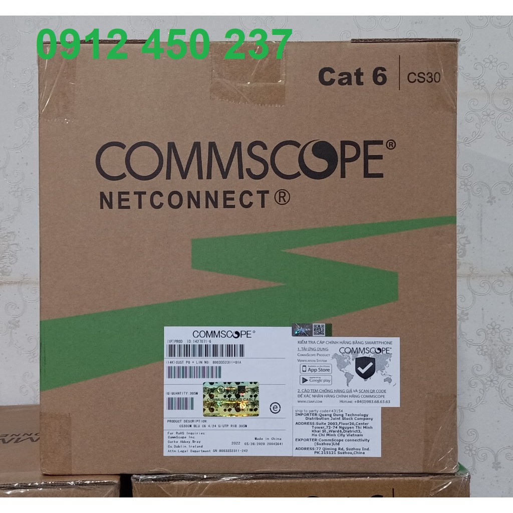 Cáp mạng Cat6 AMP (CommScope) UTP màu xanh 1427254-6 hoặc 1427071-6 có CO, CQ. Hàng chính hãng