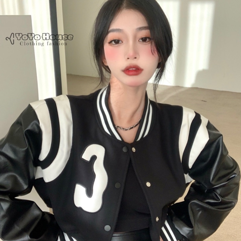 Áo khoác bóng chày bomber croptop da nữ phong cách Mỹ
