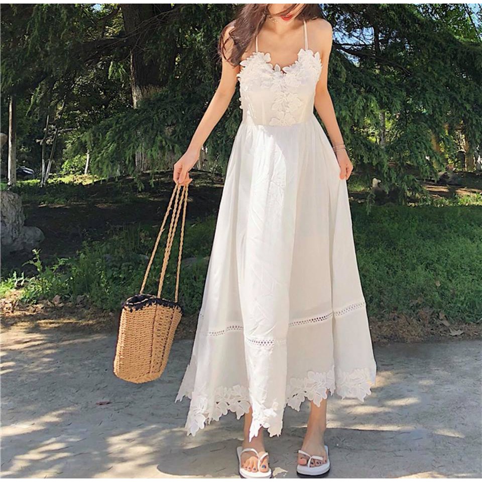 Đầm maxi đi biển ren dây lưng quyến rũ
