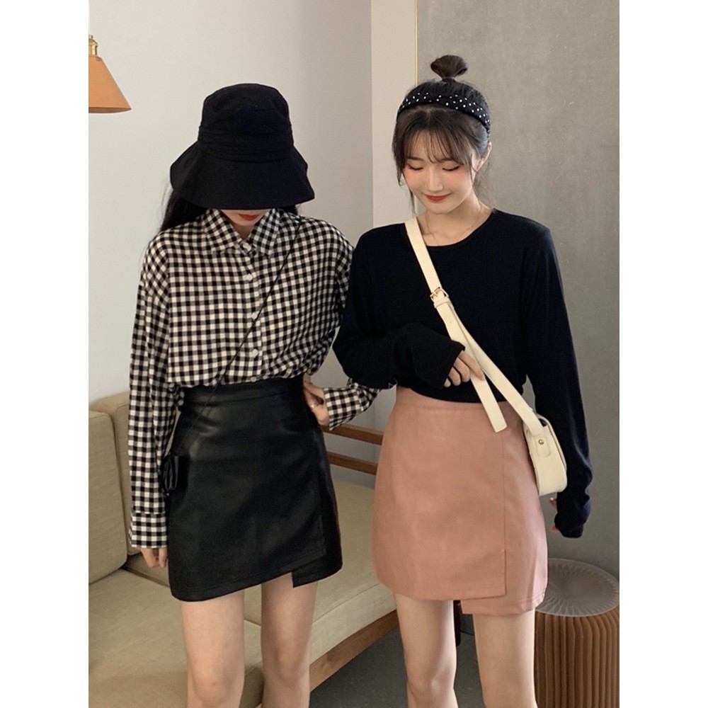 (San s) Chân váy da chữ A Ulzzang Hàn Quốc