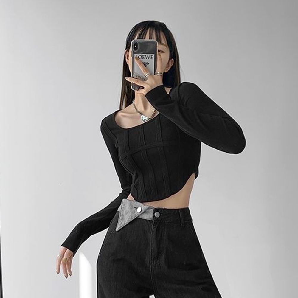 Áo Thun Tay Dài Cổ Vuông Dáng Ôm Thời Trang Quyến Rũ Cho Nữ