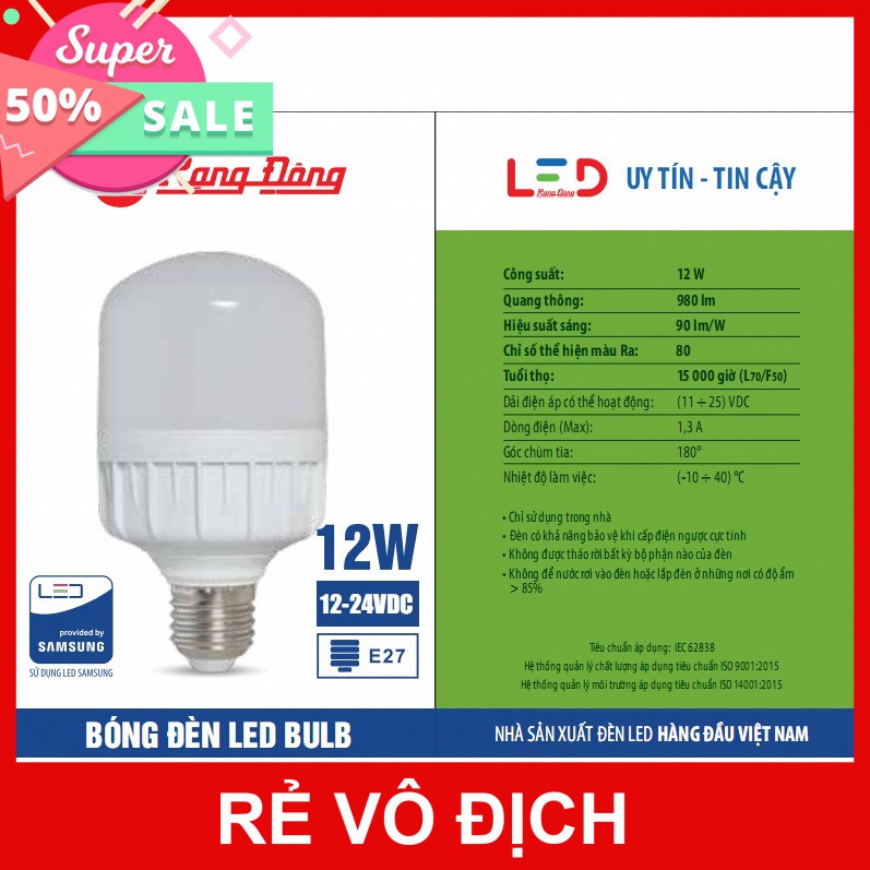 SIÊU HOTBóng Đèn LED Kẹp Bình Ắc Quy 12V - 24V DC 7W / 9W / 12W Rạng Đông, ChipLED Samsung LUÔN SẴN HÀNG