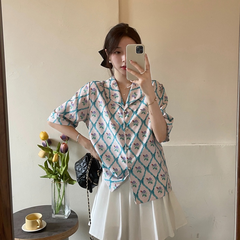 Áo sơ mi ZHELIHANGFEI ngắn tay cổ bẻ họa tiết hoa phong cách sang trọng dễ phối đồ