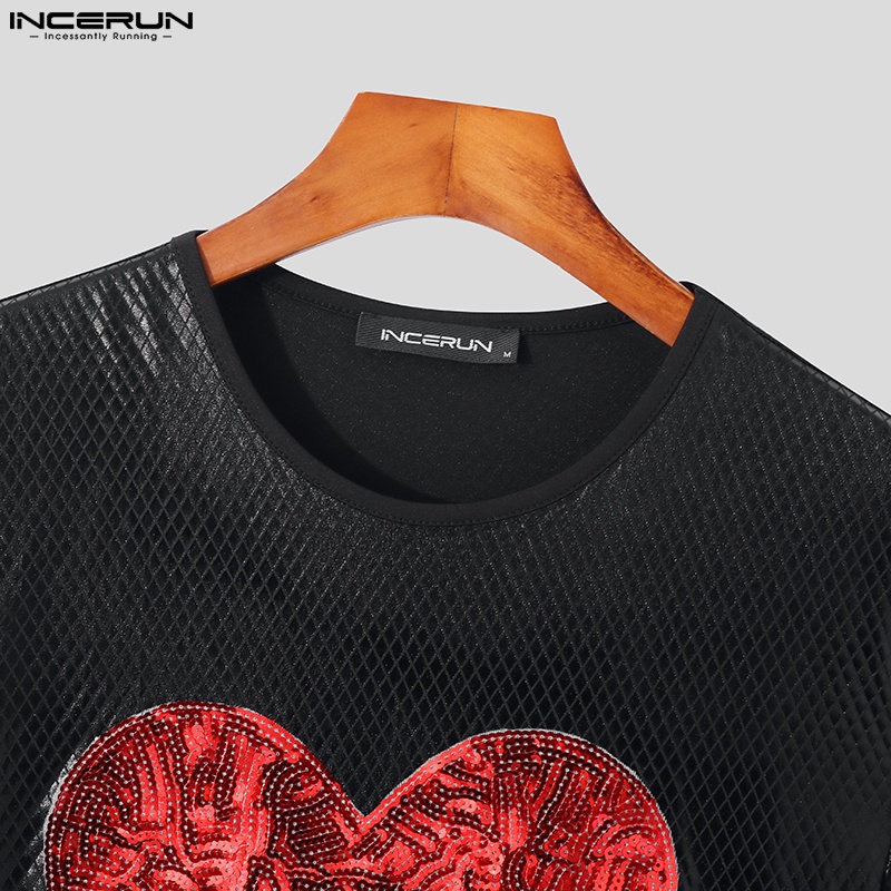 Áo thun Incerun tay ngắn bằng da in họa tiết trái tim dành cho nam