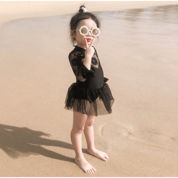 Áo tắm cho bé gái 2021 mùa hè mới bé gái nước ngoài Áo tắm một mảnh ren đen Hàn Quốc + mũ bơi