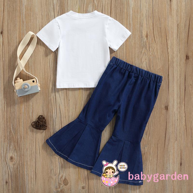 Bộ Áo Thun Cổ Tròn In Chữ + Quần Jeans Ống Loe Thời Trang Cho Bé Gái 1-6 Tuổi