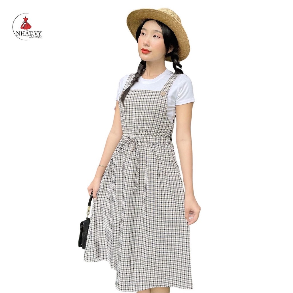 Đầm Nữ NHẬT VY Họa Tiết Caro Rút Dây Eo Không Kèm Áo Đi Chơi Dáng Xòe Màu Đen, Hồng - D1829